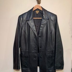 Lamb skin black leather, fully lined 3 button leather blazer.